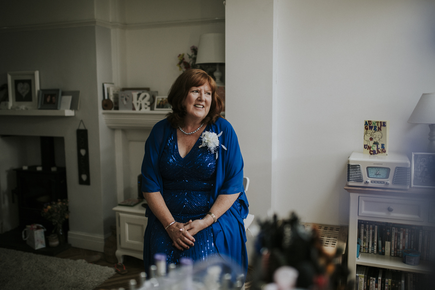 mother smiling at wedding