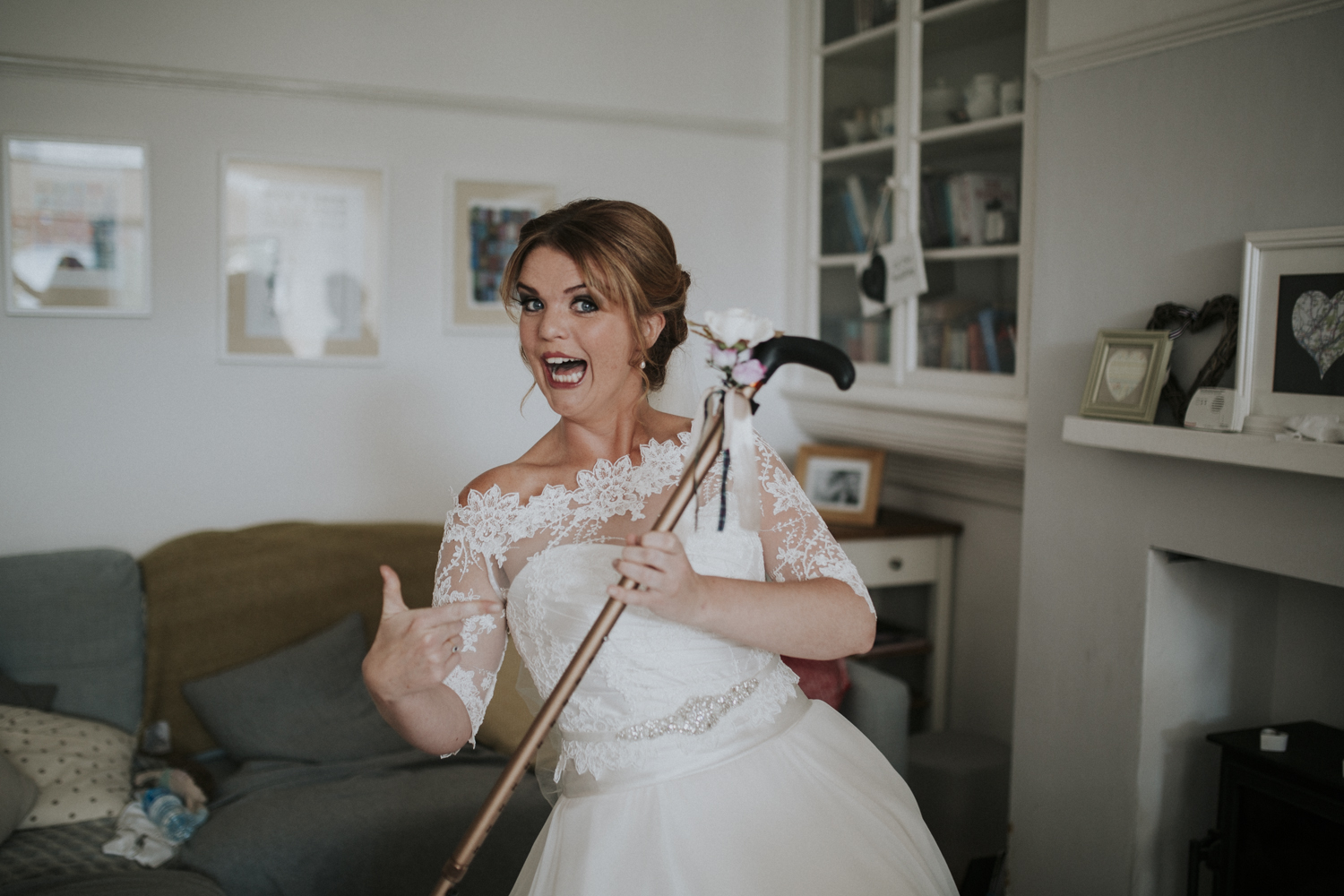 bride with nans walking stick