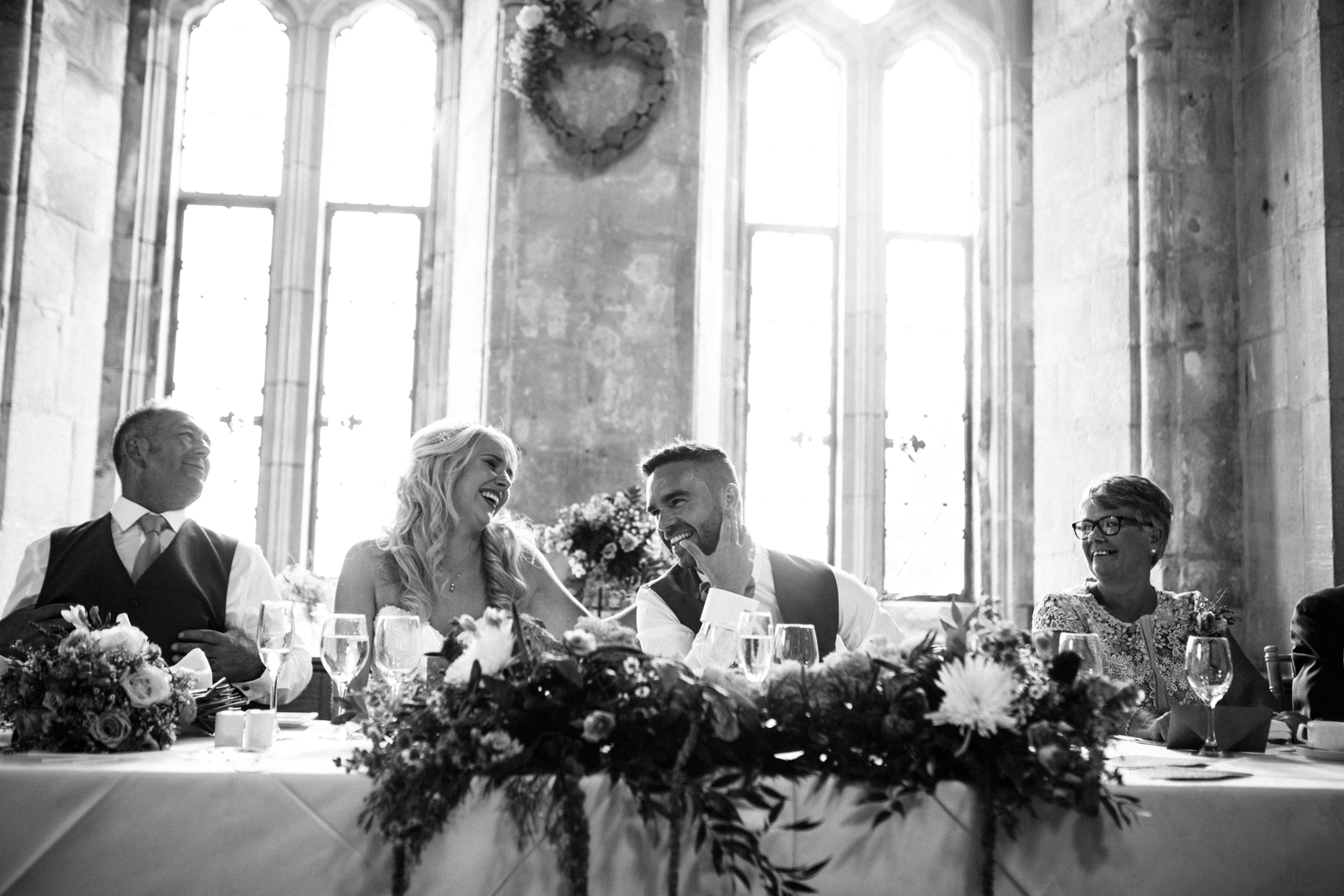 bride and groom laughing