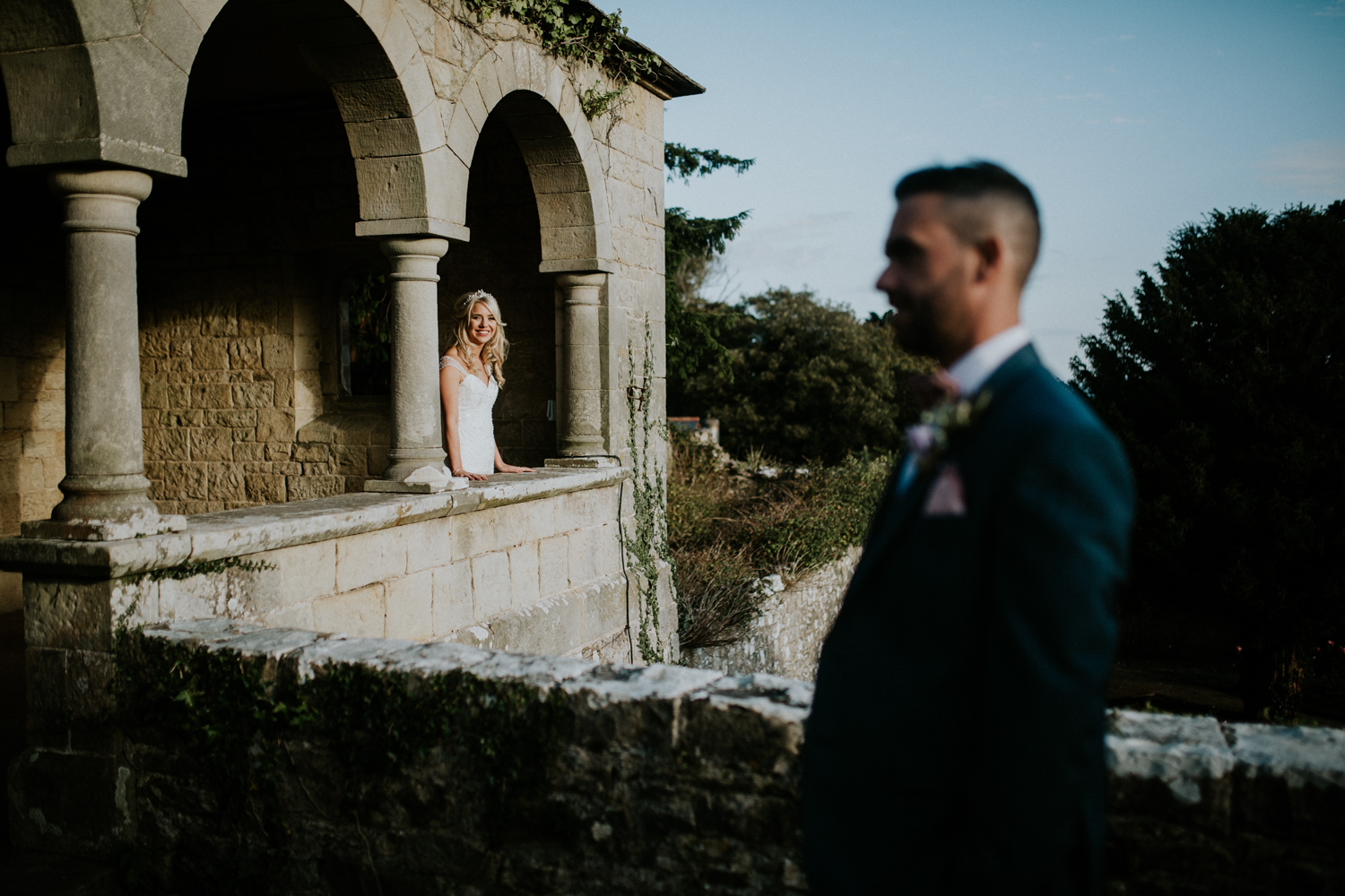 bride looking over at groom