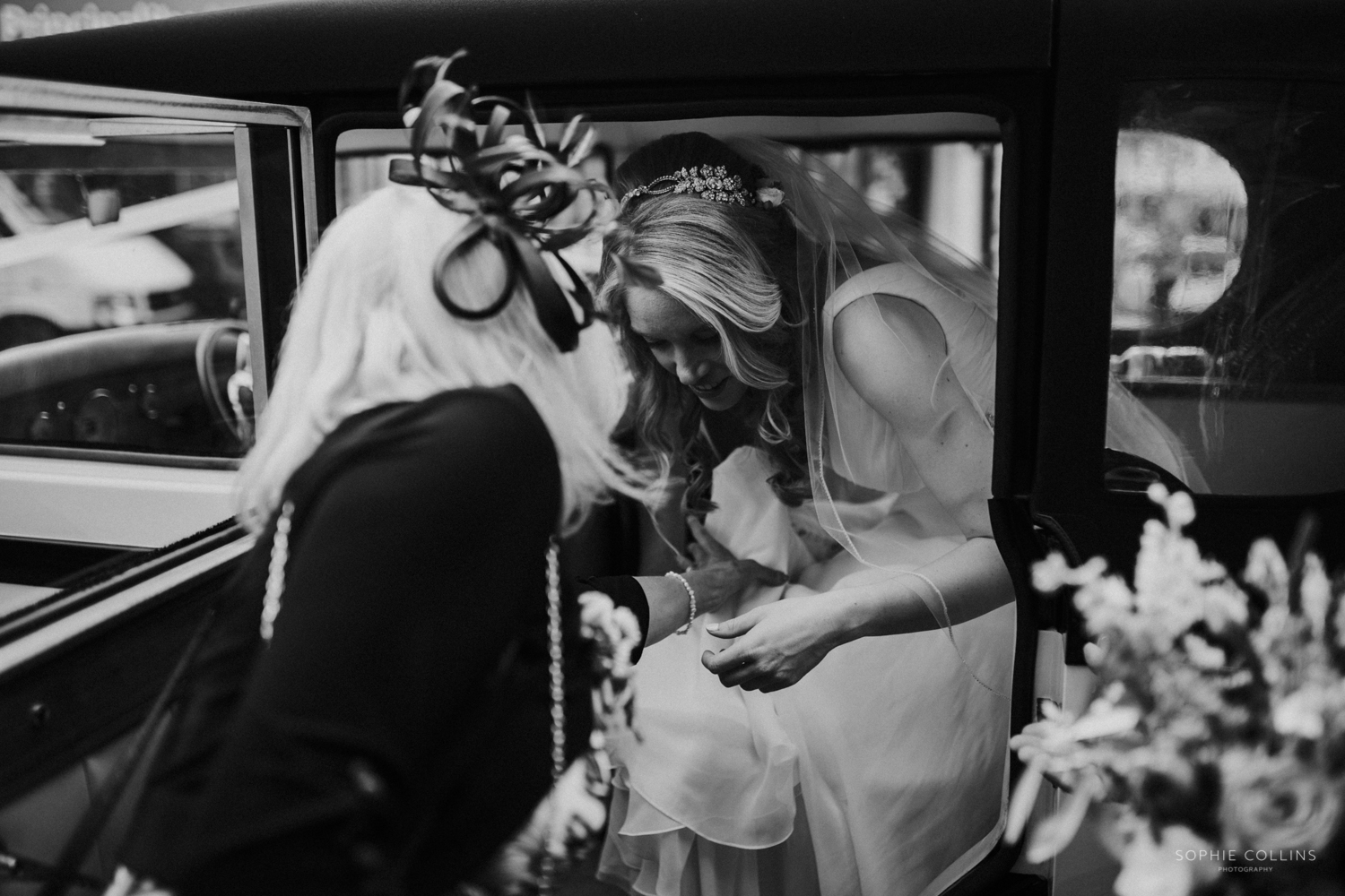 bride leaving car