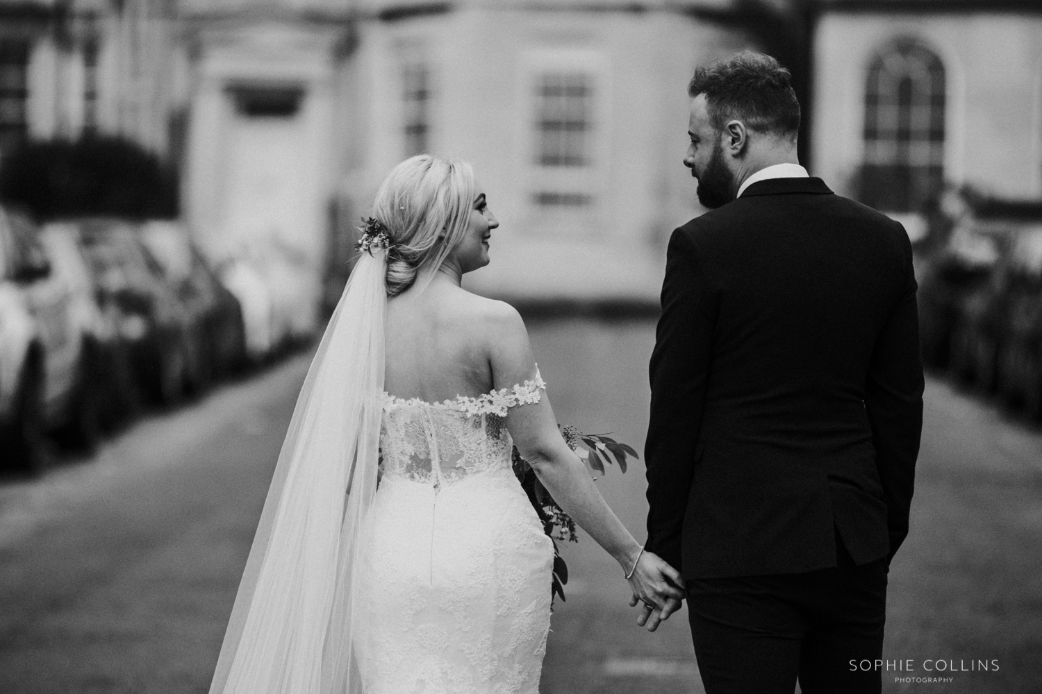 bride and groom walking 