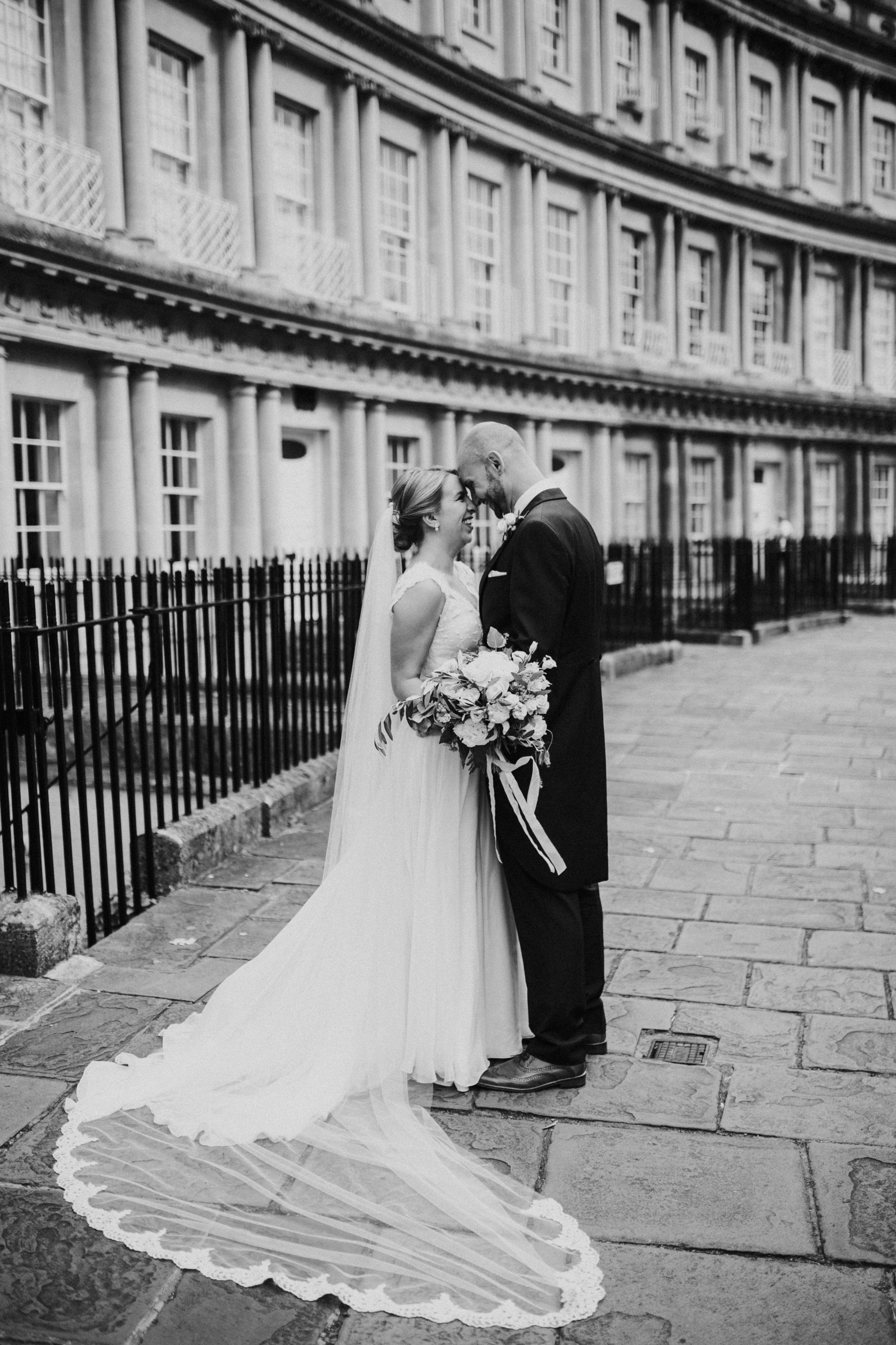 bride and groom portraits in bath square 