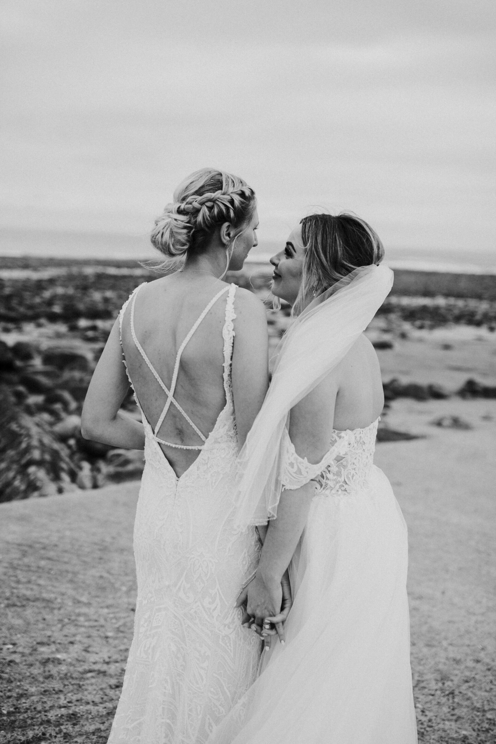 brides portraits down the beach 