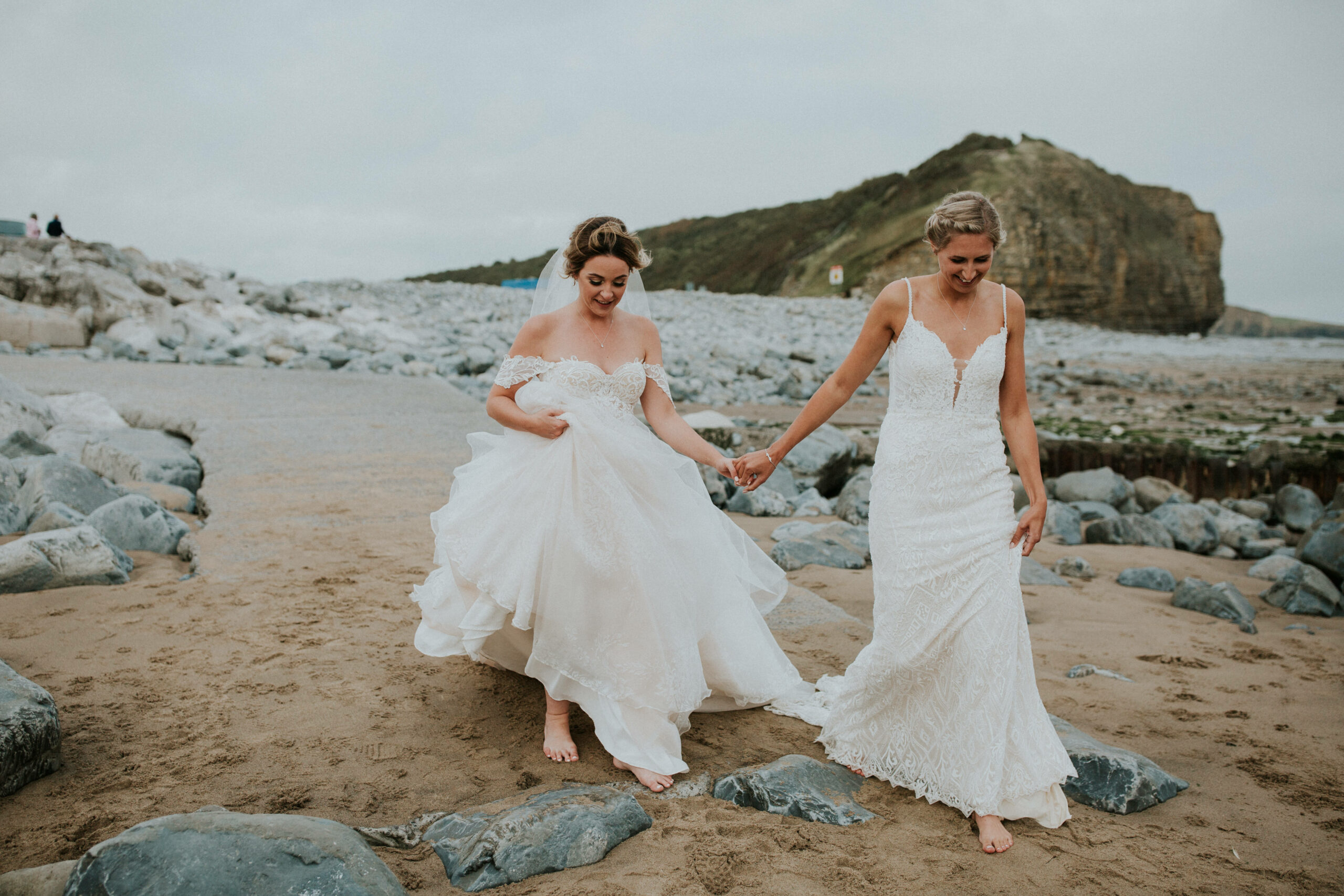 brides portraits down the beach 