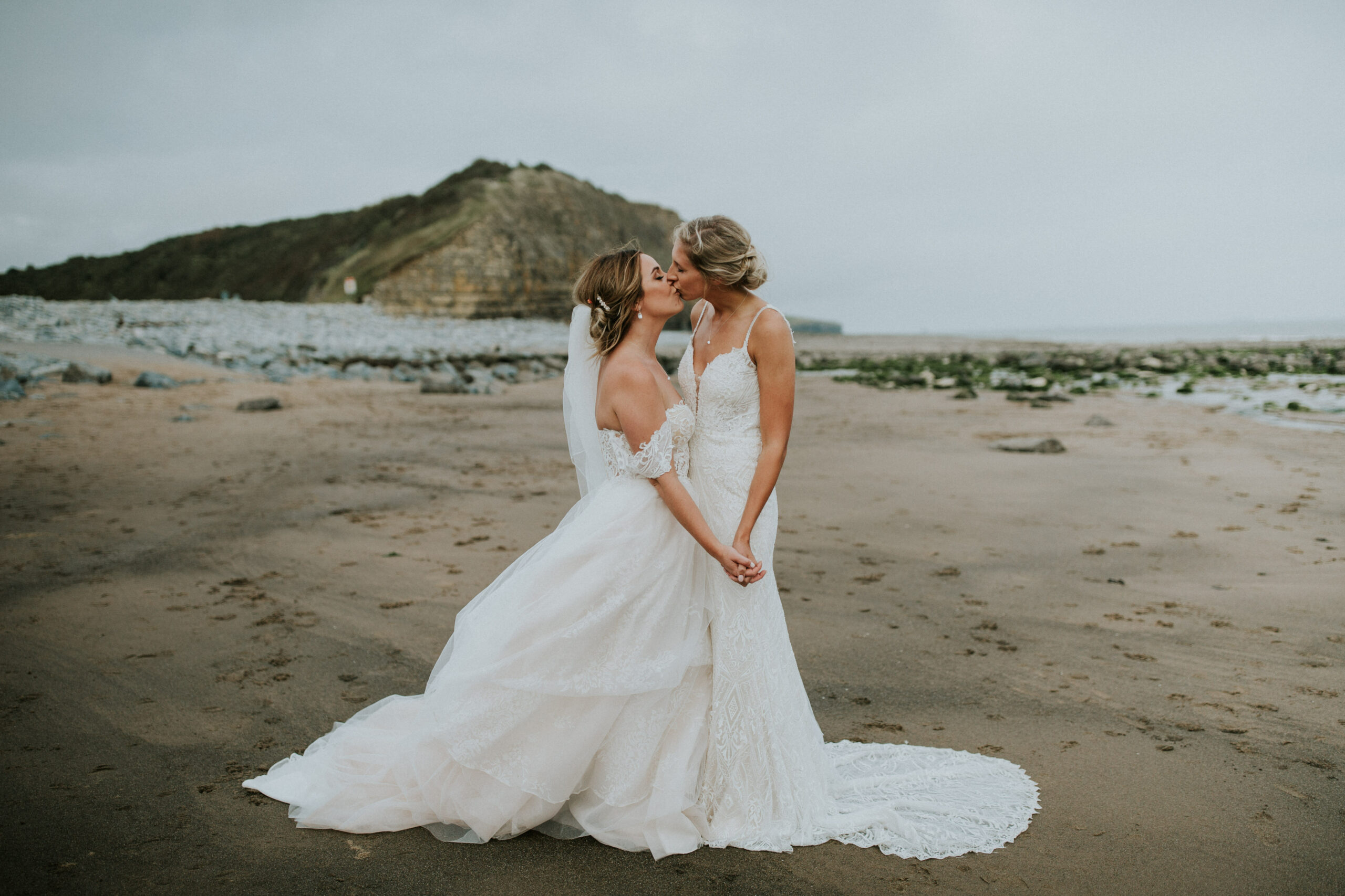 brides portraits down the beach 