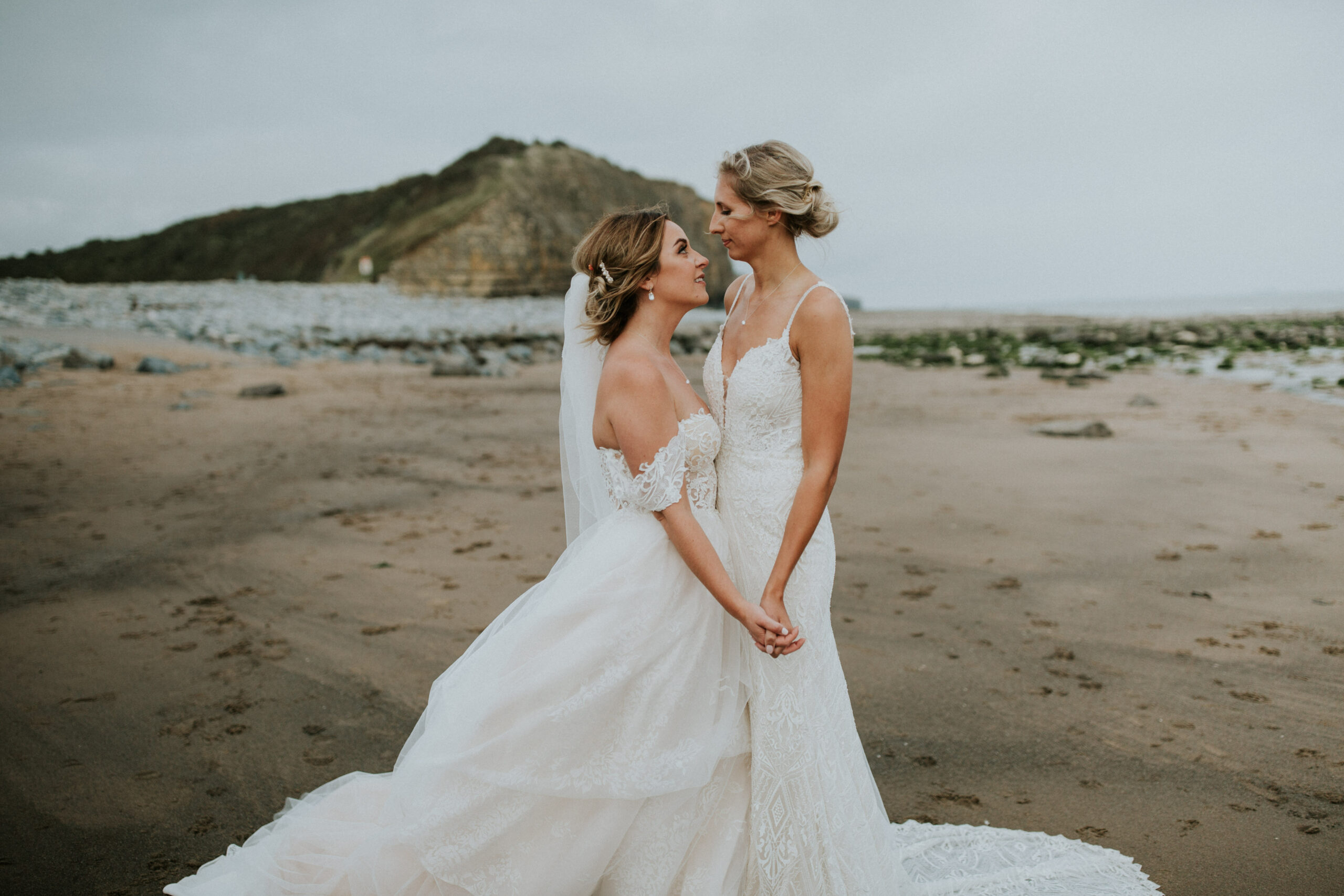 brides portraits down the beach 