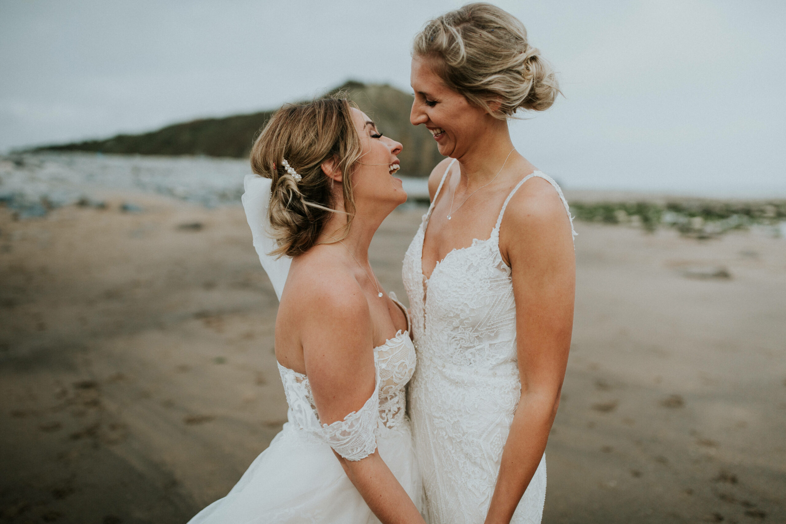 brides portraits down the beach 