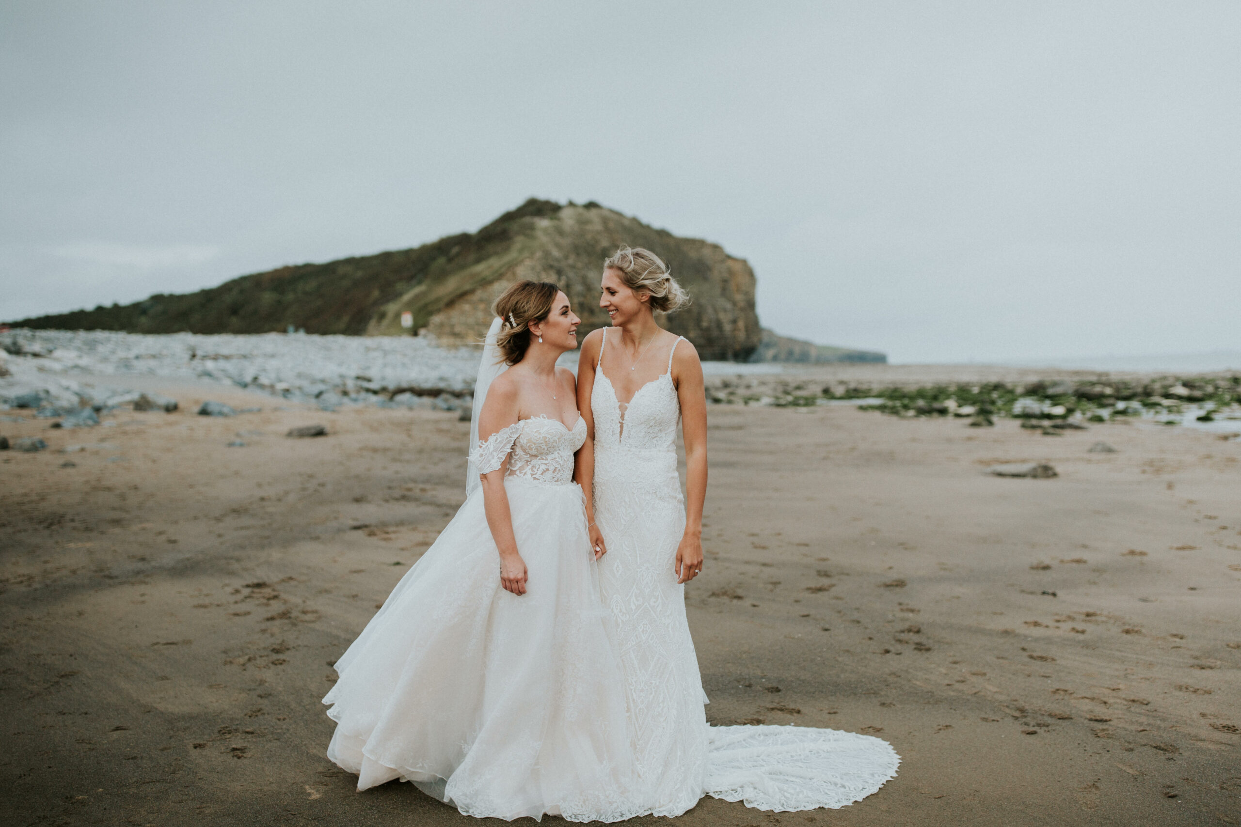 brides portraits down the beach 