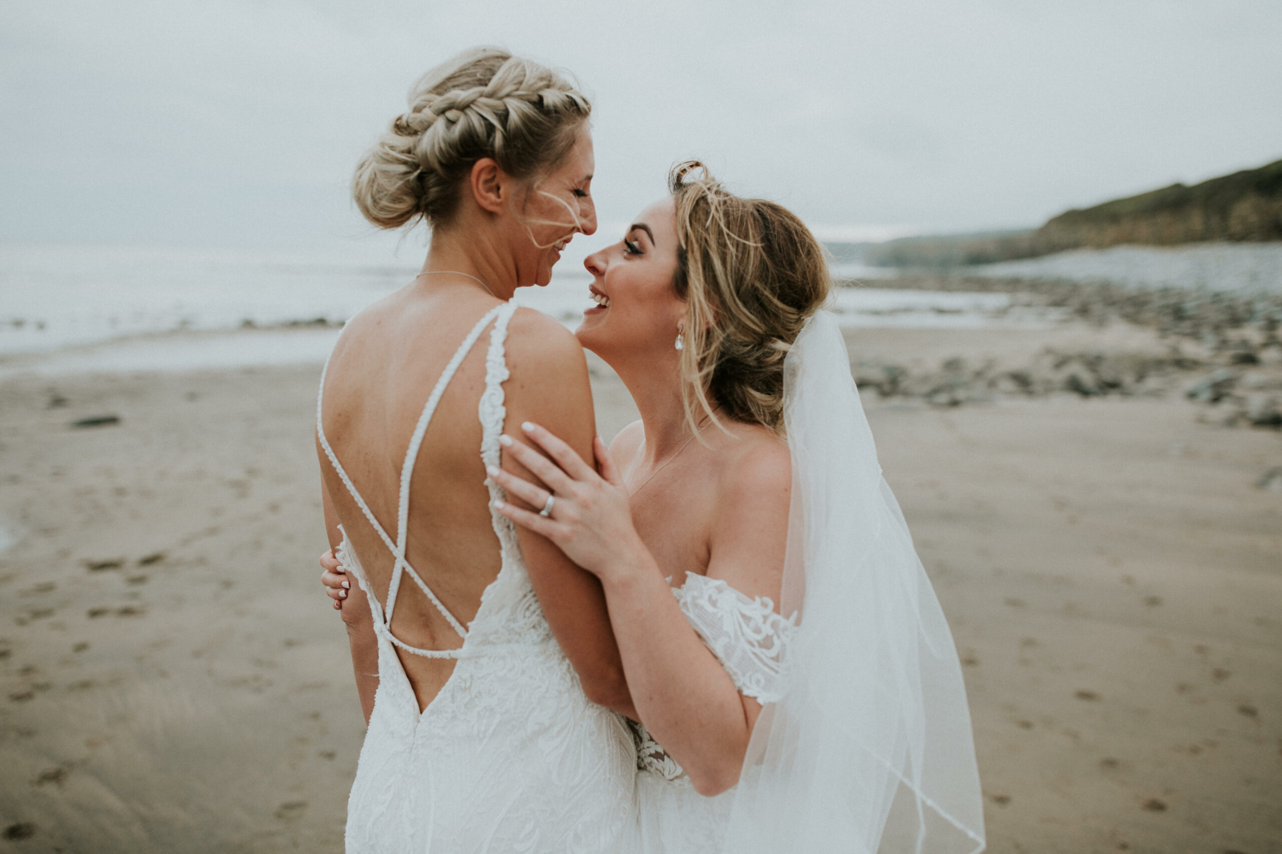 brides portraits down the beach 