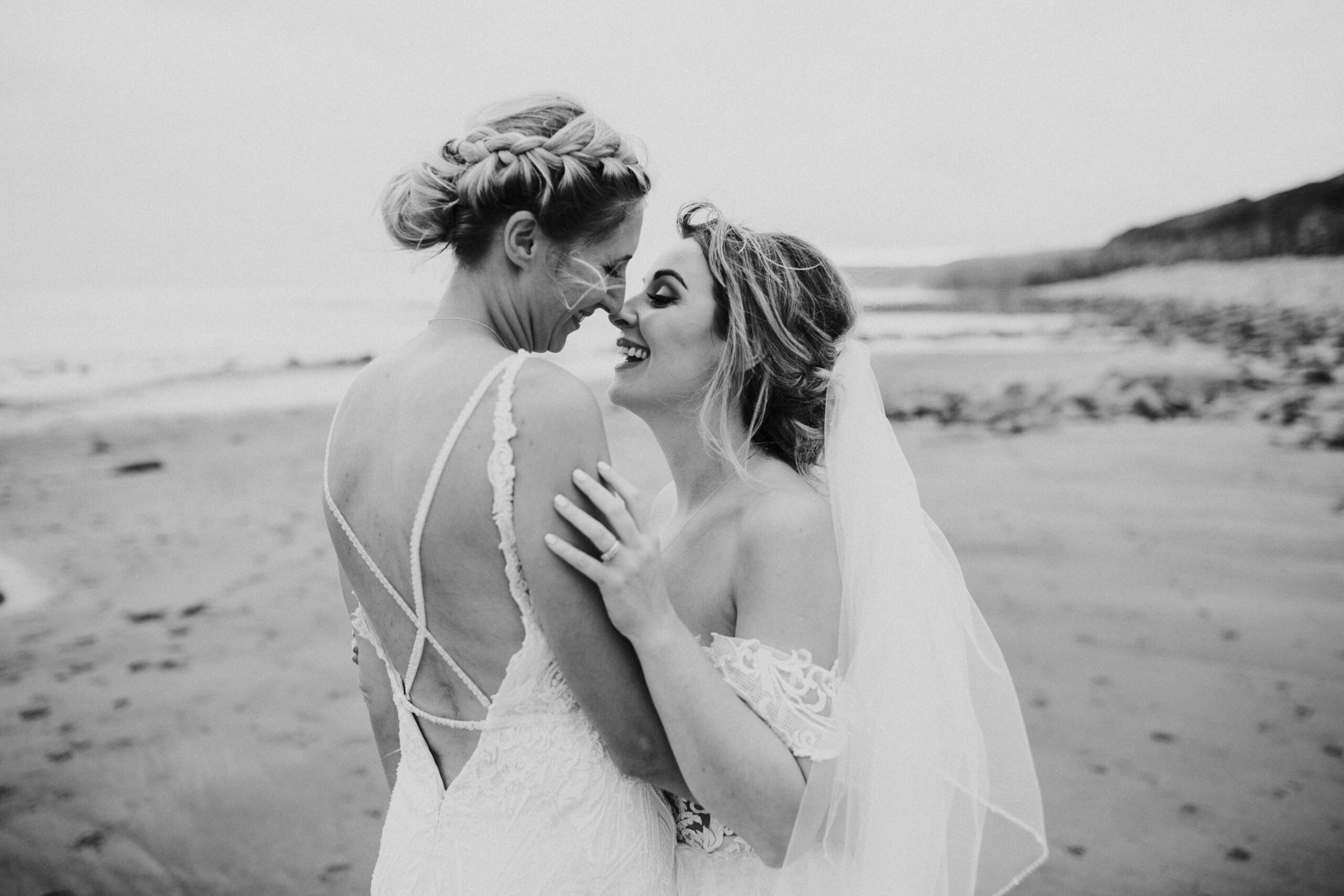 brides portraits down the beach 