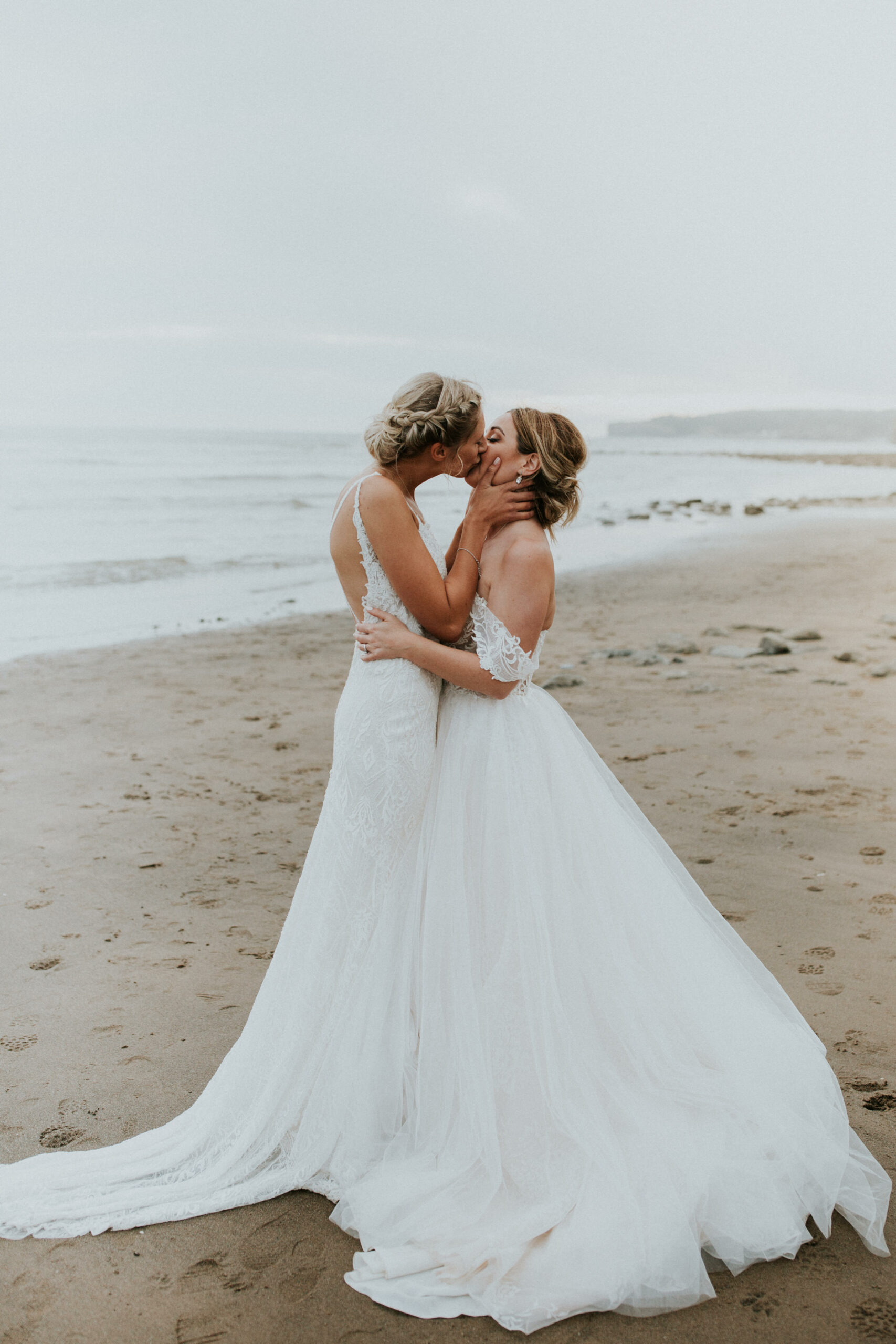 brides portraits down the beach 