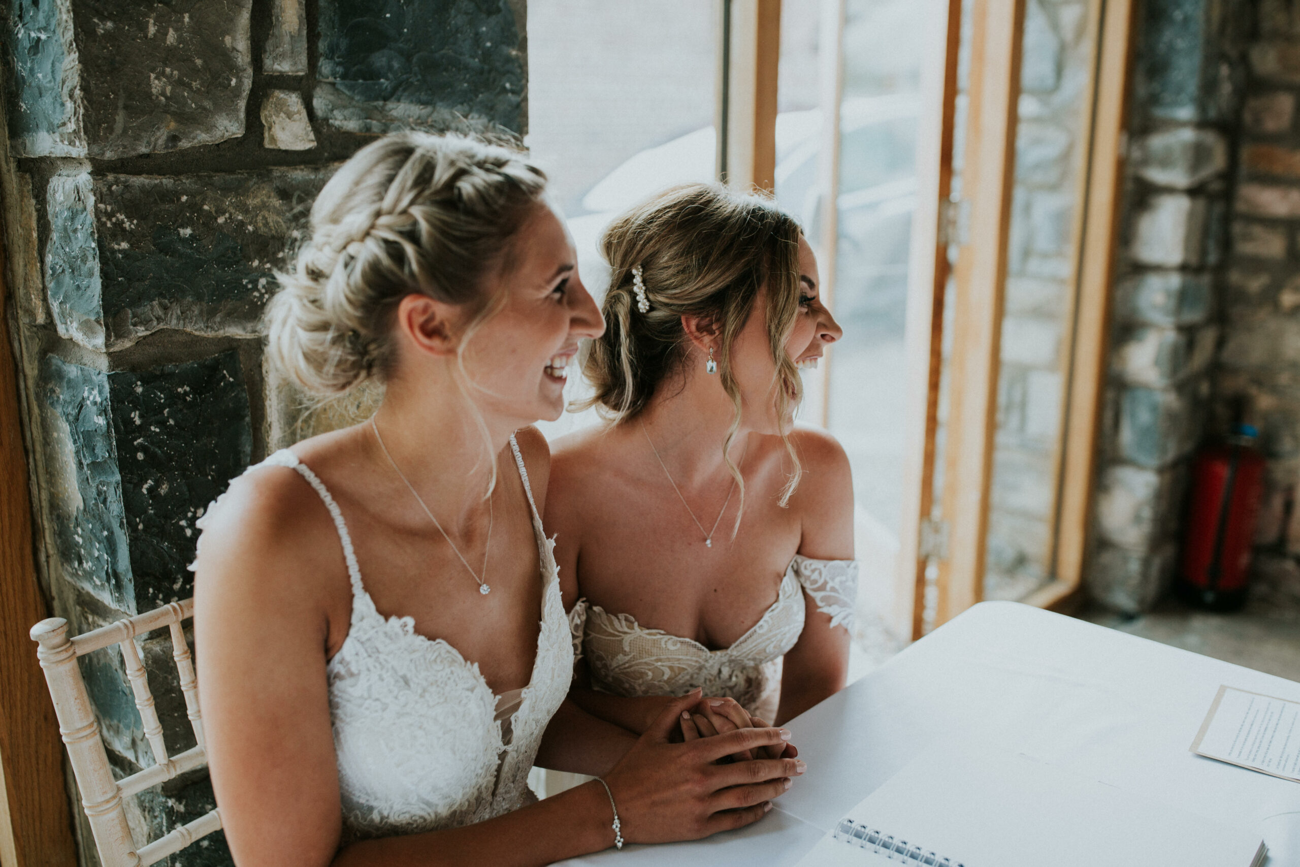 brides laughing 