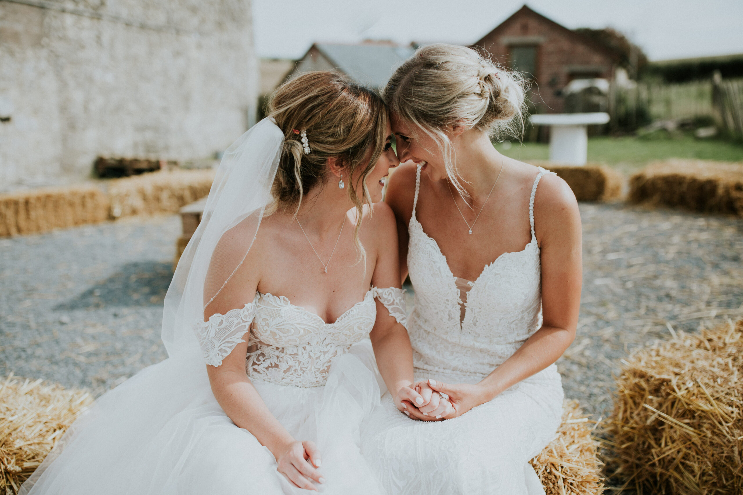 brides looking into each others eyes 